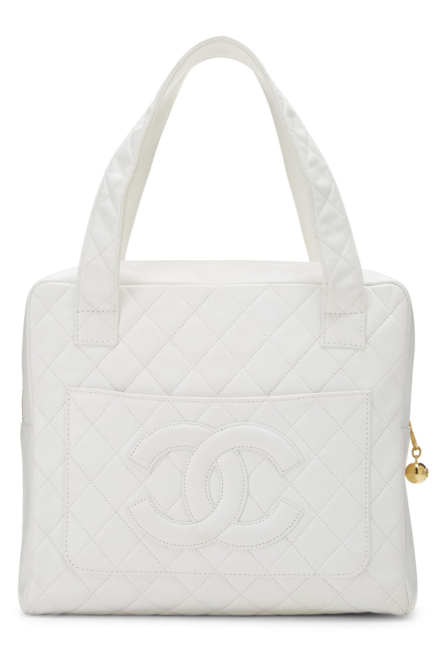 Chanel, White Quilted Lambskin Top Handle Tote Mini, White