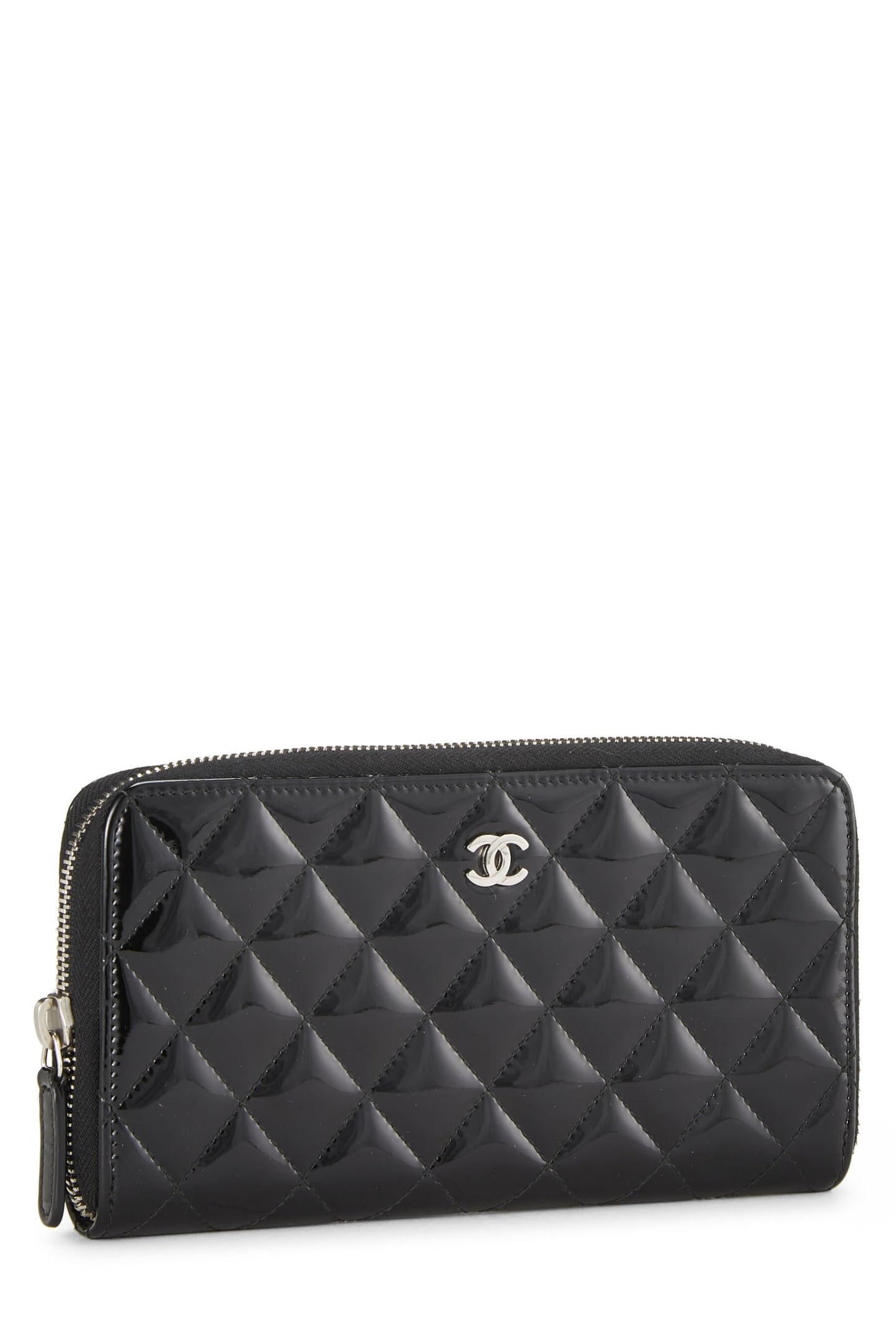 Chanel, Black Quilted Patent Leather Zip Wallet, Black