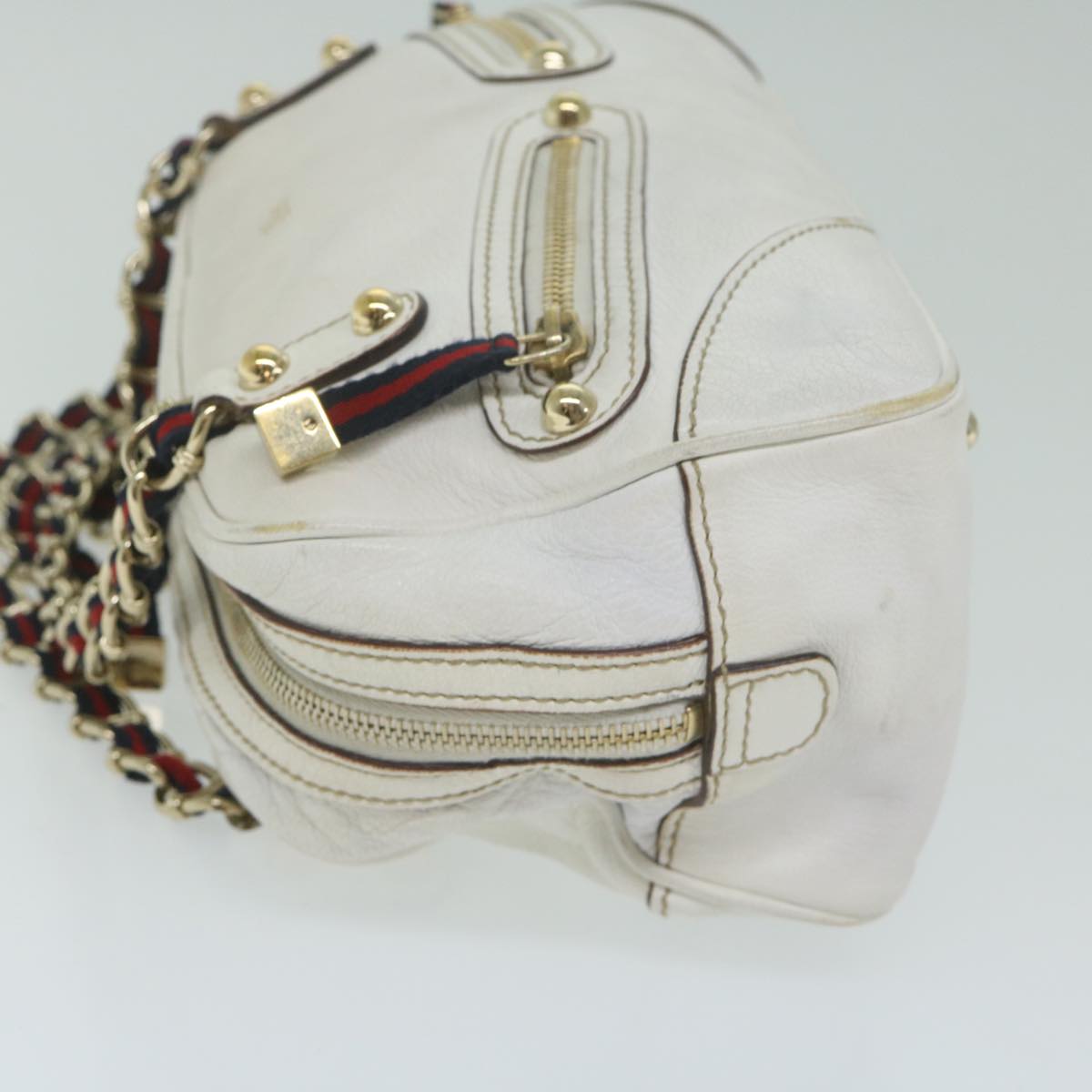 GUCCI Sherry Line Chain Shoulder Bag Leather White Navy Red 152462 63591