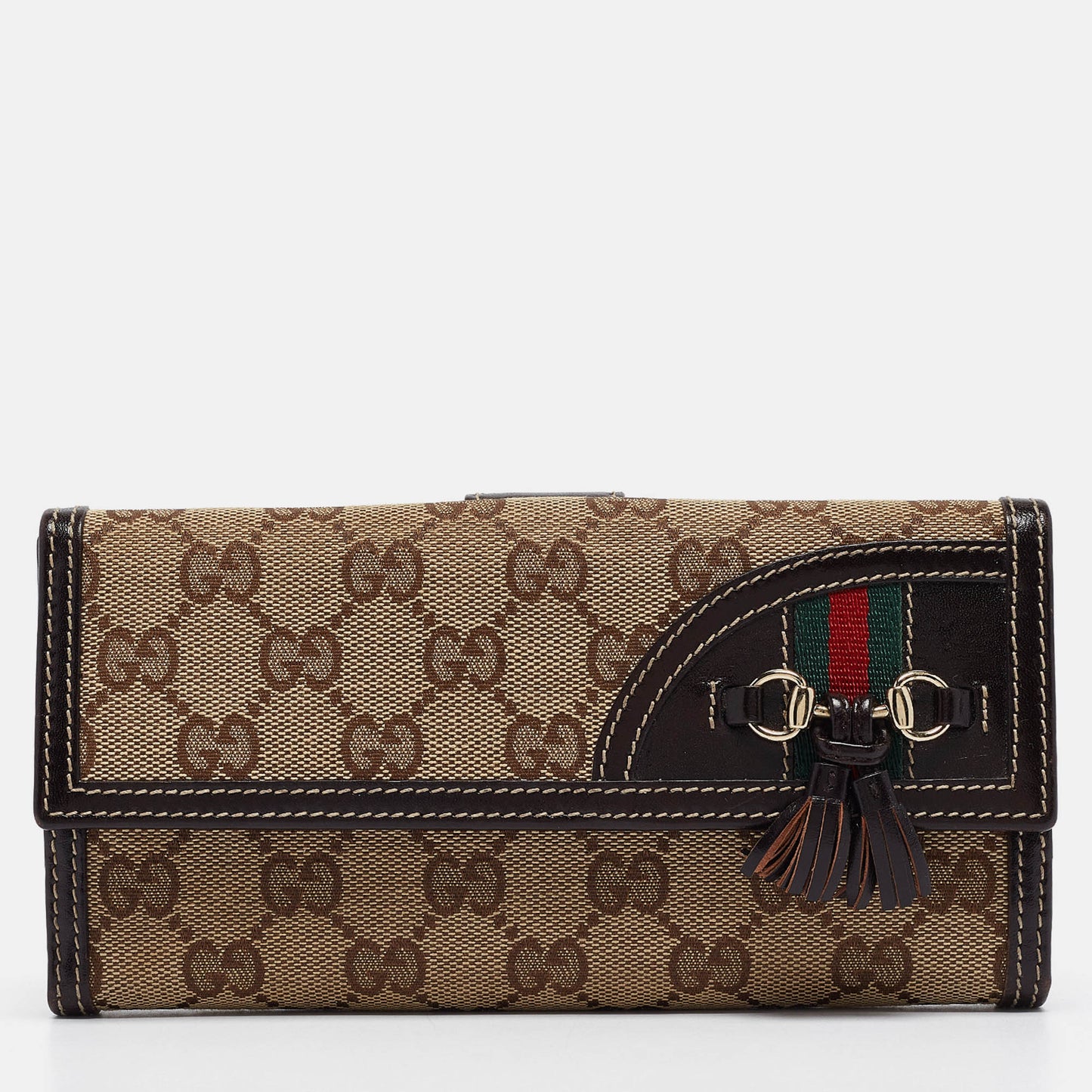 Luxury Gucci Trending 2025 Beige/Brown GG Canvas and Leather Horsebit Tassel Continental Wallet