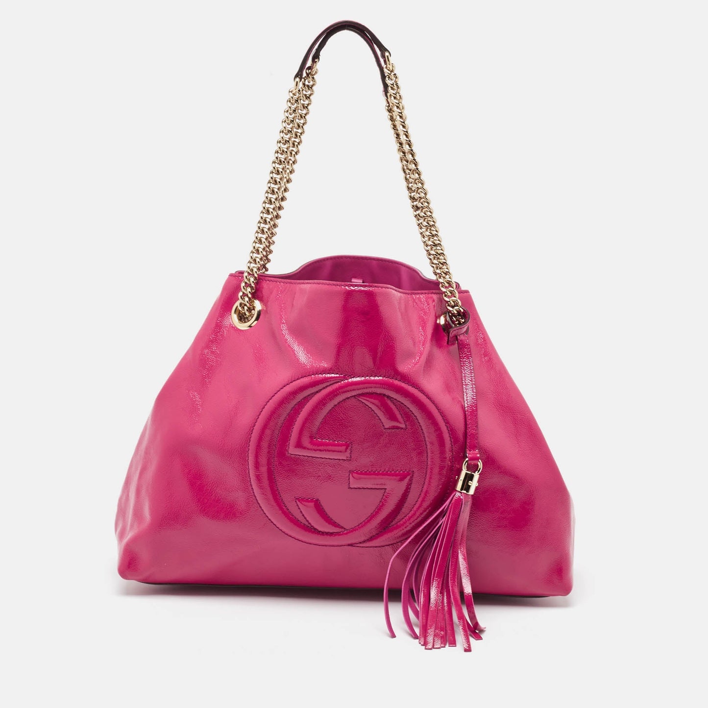 Luxury Gucci Trending 2025 Magenta Patent Leather Medium Soho Chain Tote
