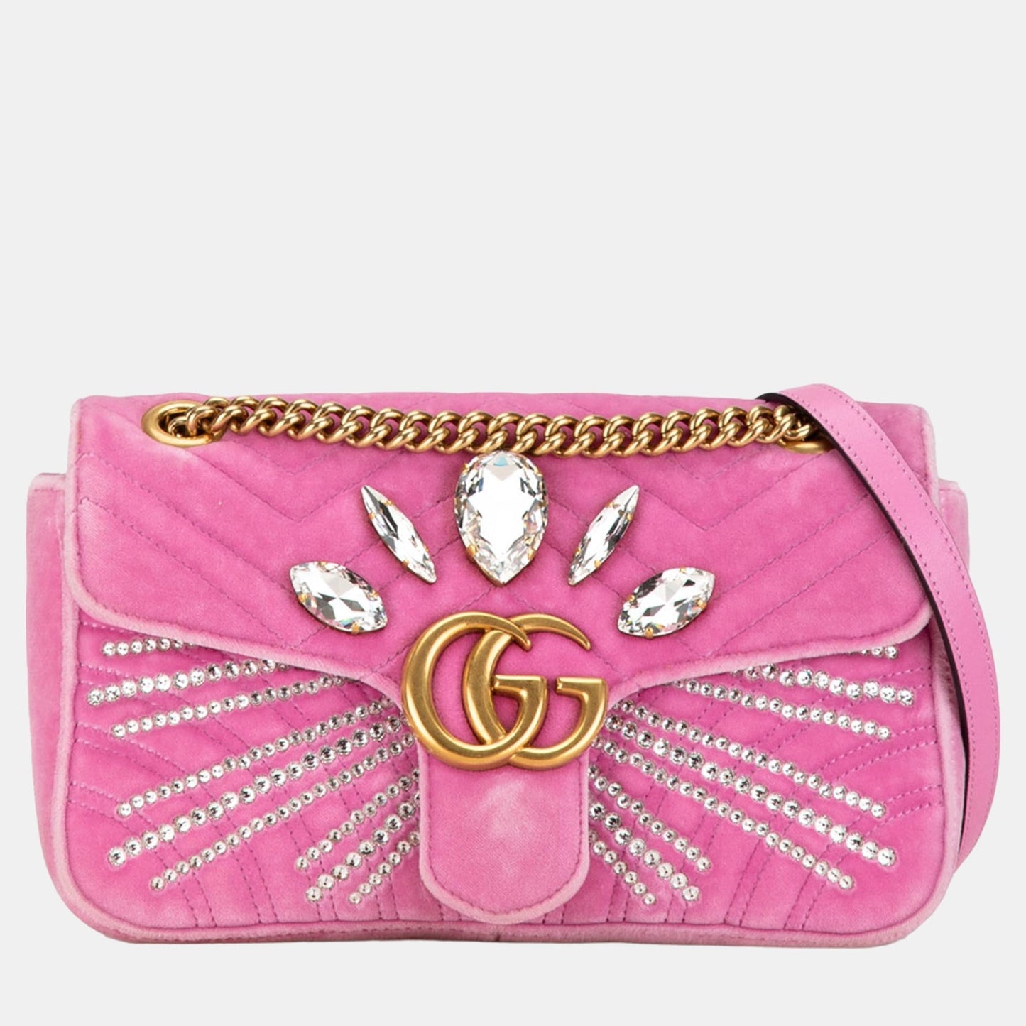 Luxury Gucci Trending 2025 Pink Velvet Crystal-Embellished Small GG Marmont Matelasse Crossbody Bag