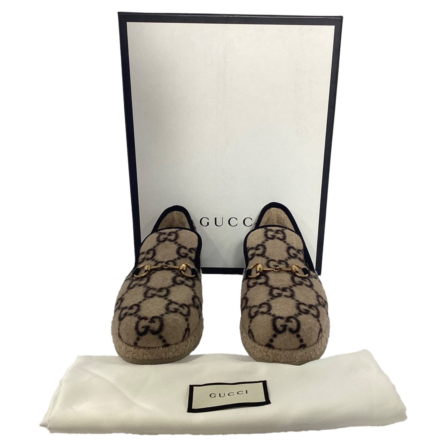 Gucci Covered GG Monogram Fria Horsebit Loafers in Beige Wool