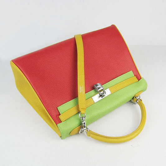 Luxury Hermes Kelly 32cm Togo red/green/yellow silver