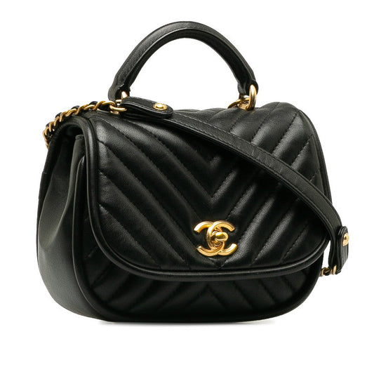 Chanel Coco Mark Chevron Top Handle Chain Shoulder Bag Black Leather