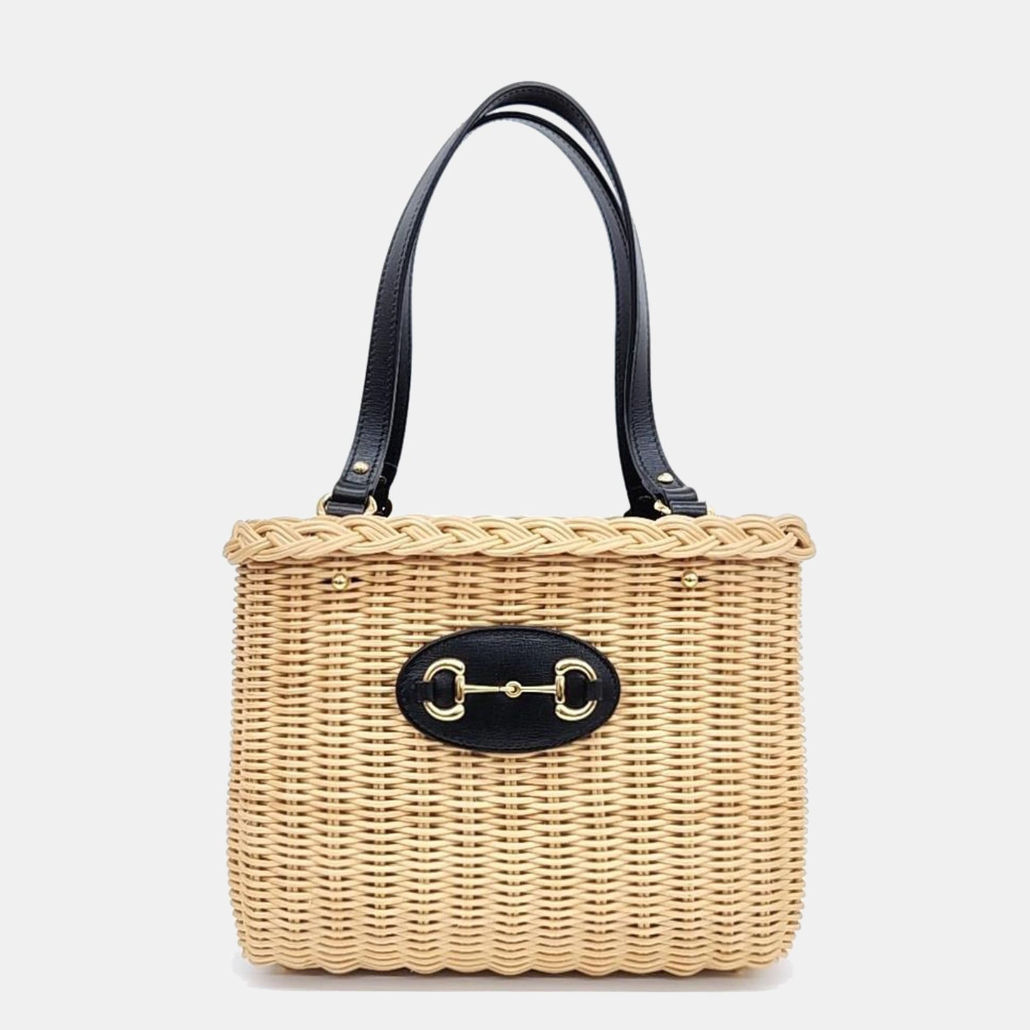 Luxury Gucci Trending 2025 Beige/Black Wicker and Leather Horsebit 1955 Bucket Bag