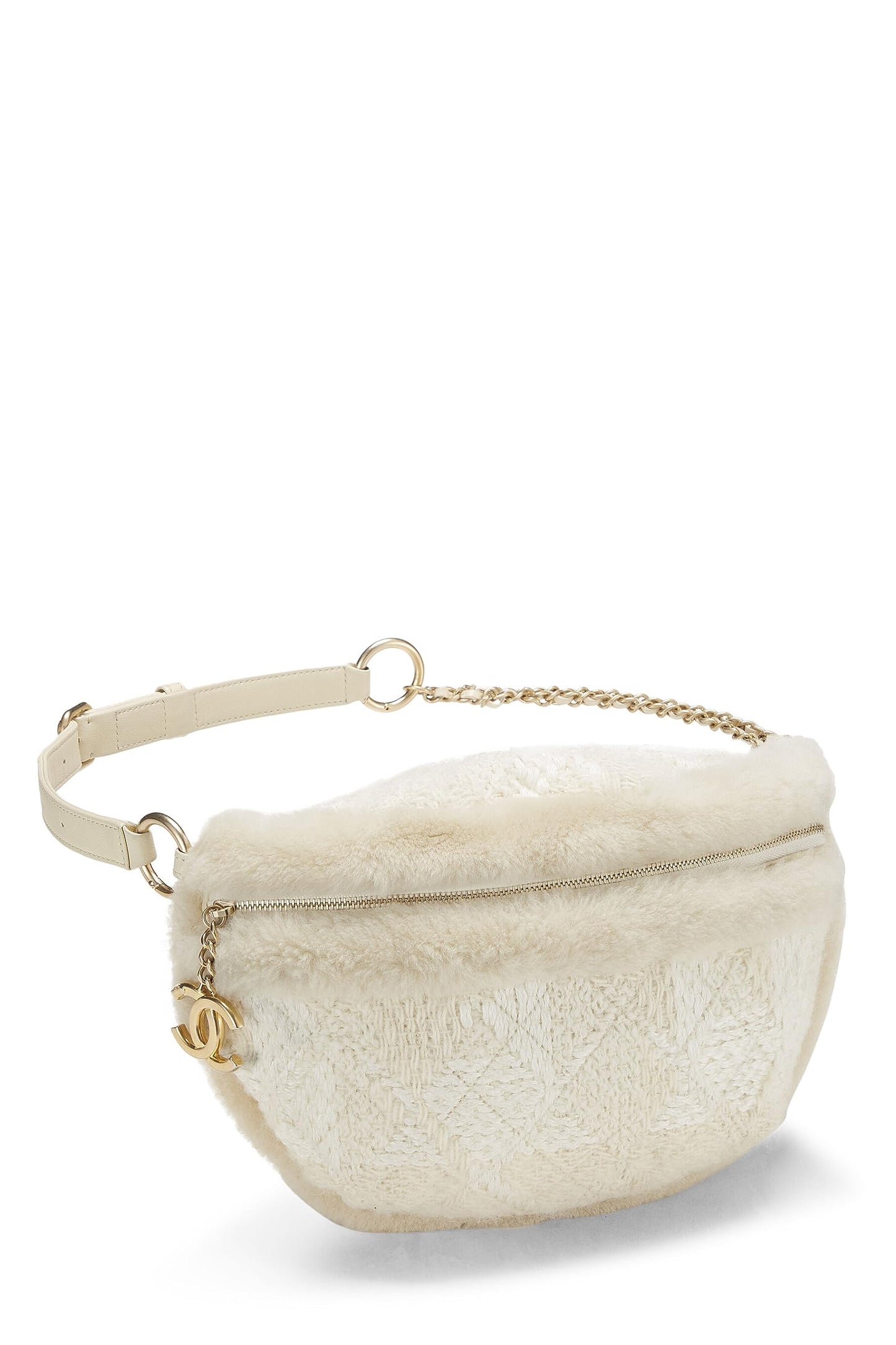 Chanel, Ivory Tweed & Shearling Belt Bag, White