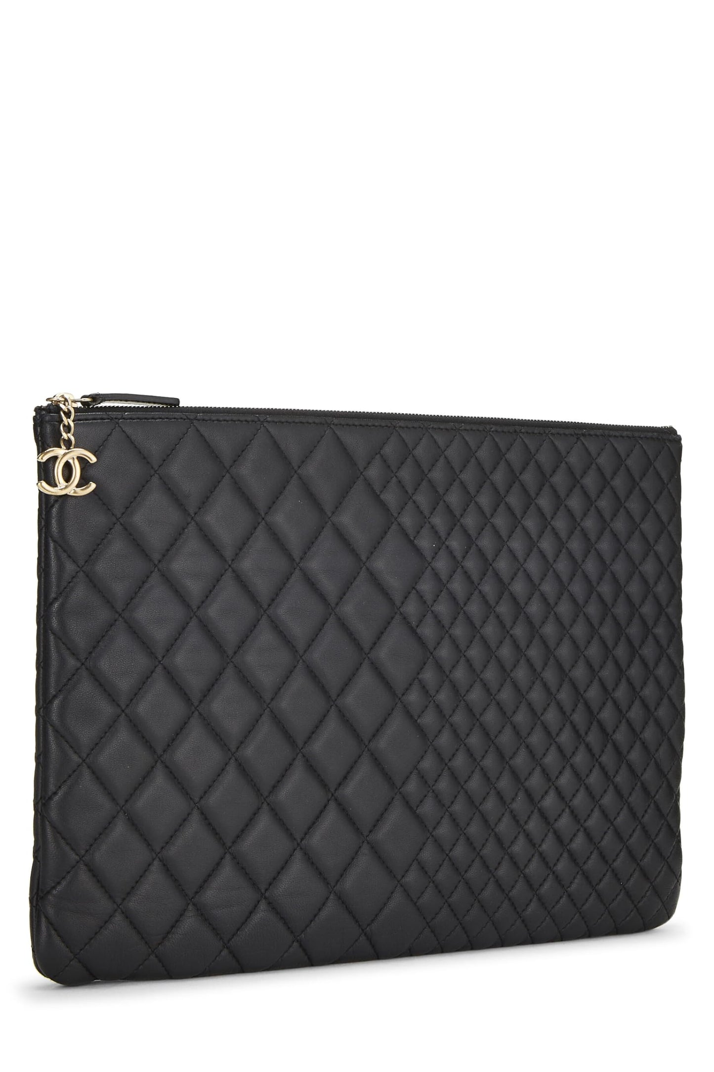 Chanel, Black Quilted Lambskin O Case Zip Pouch Large, Black