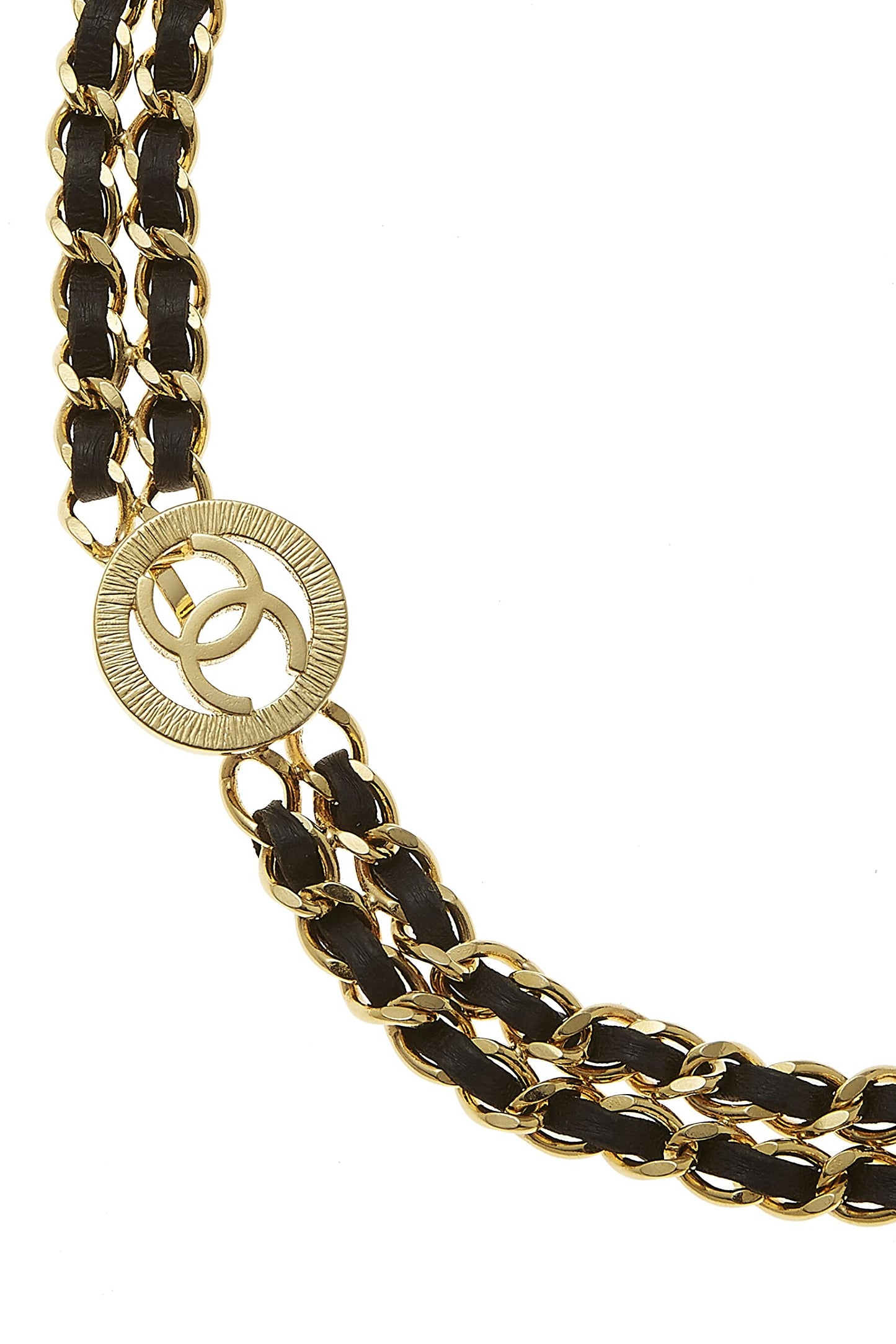 Chanel, Gold & Black Leather Sunburst Double Chain Belt, Black