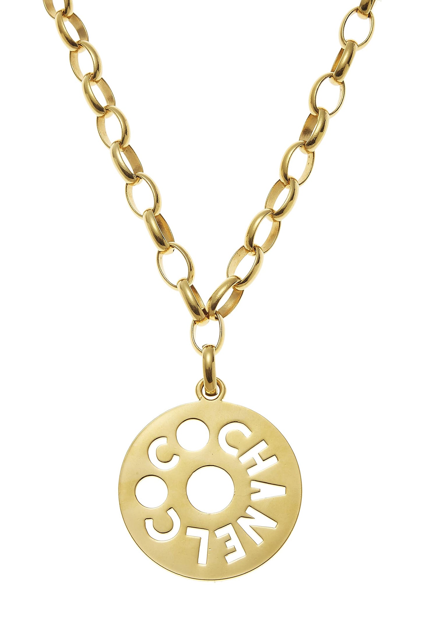 Chanel, Gold Coco Chain Round Cutout Pendant Necklace Large, Gold