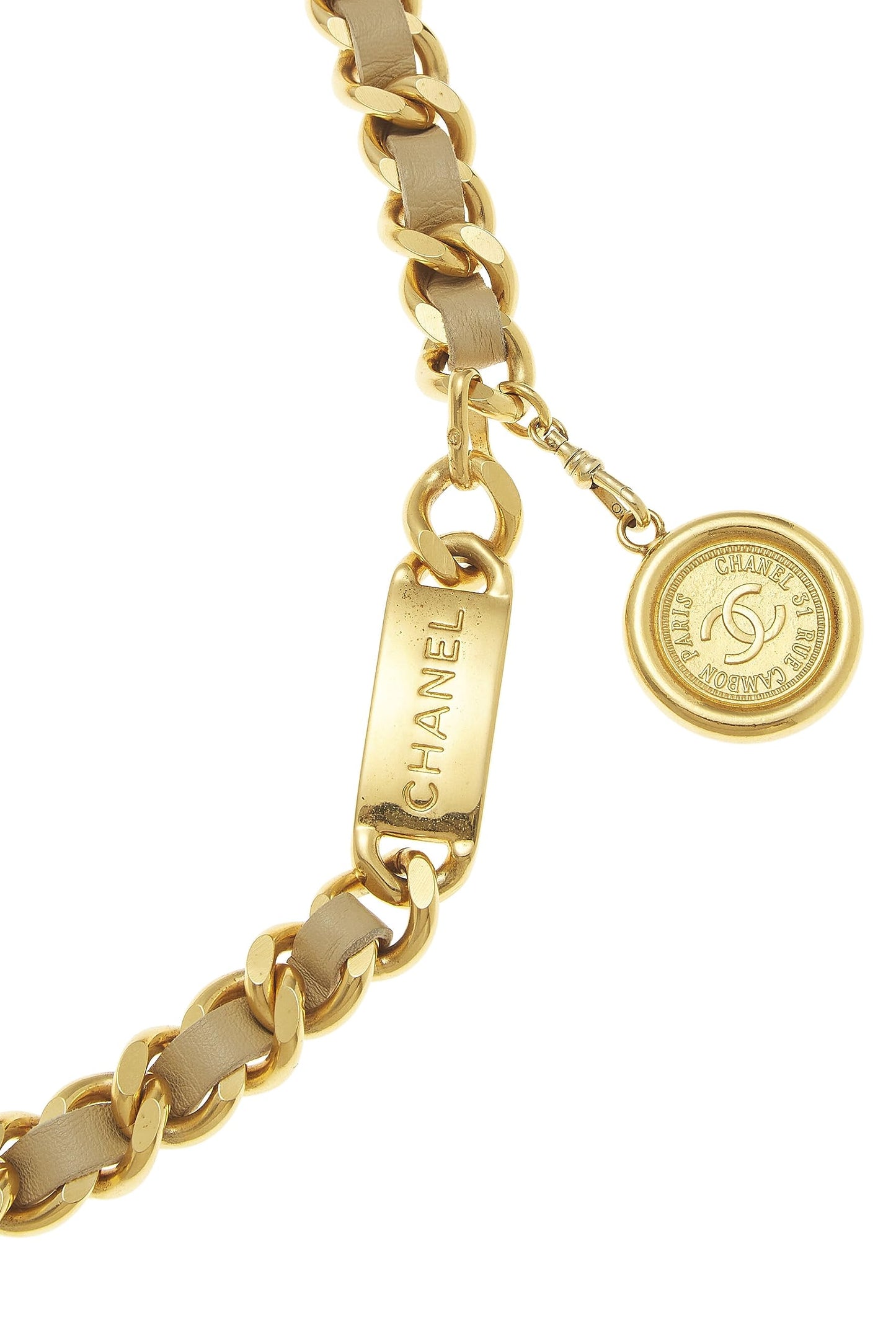 Chanel, Gold & Beige Leather Chain Belt, Beige