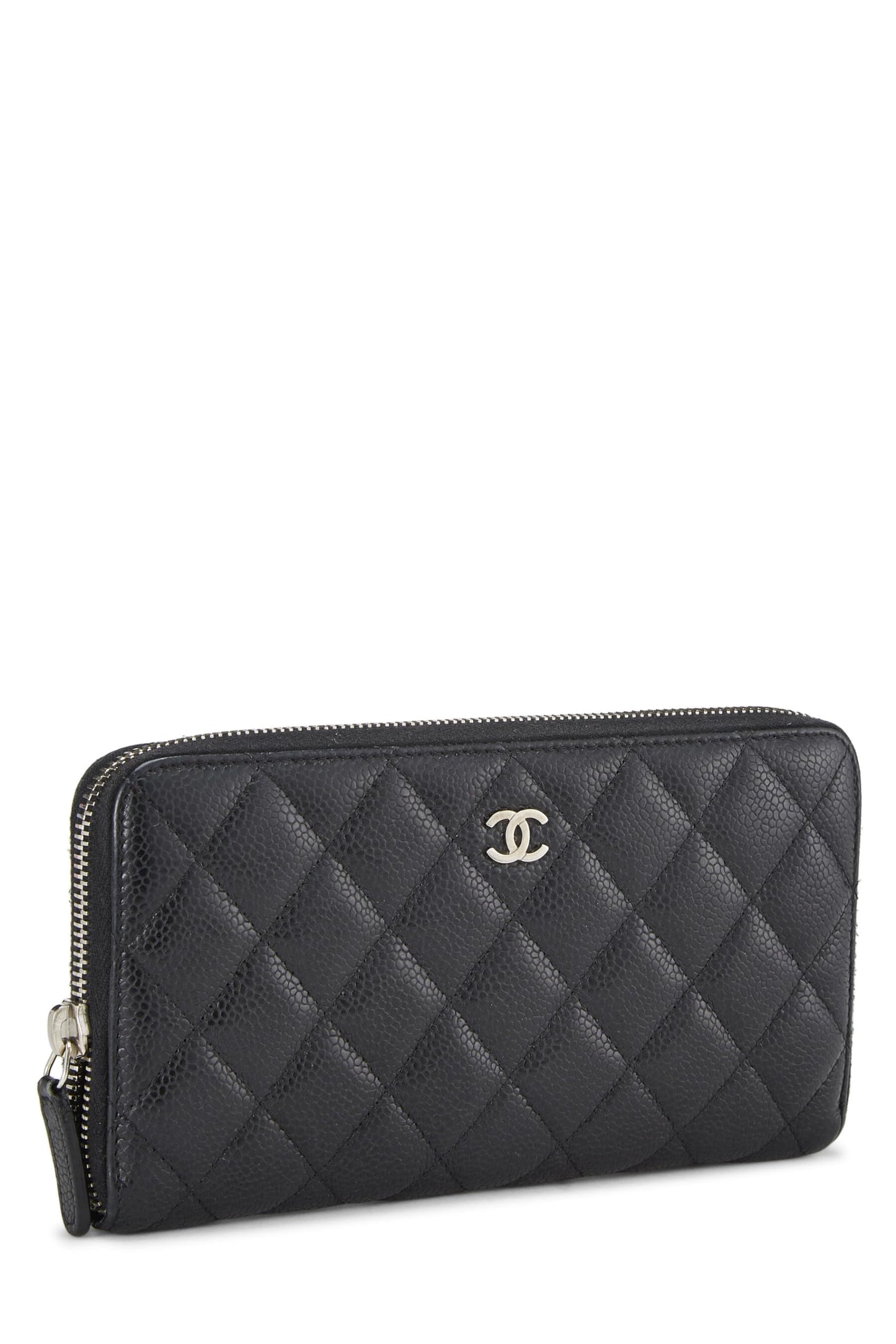 Chanel, Black Quilted Caviar Zip Around Wallet, Black