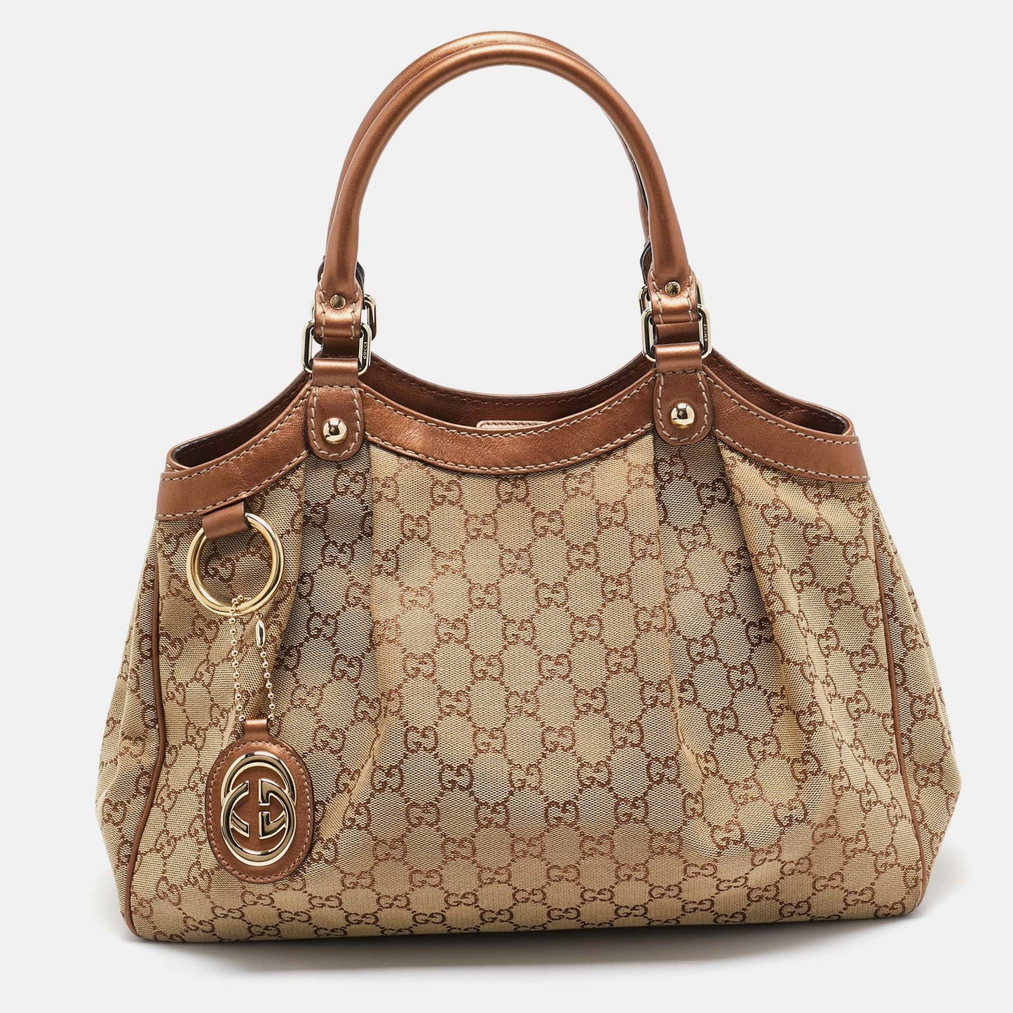 Luxury Gucci Trending 2025 Bronze/Beige GG Canvas and Leather Medium Sukey Tote