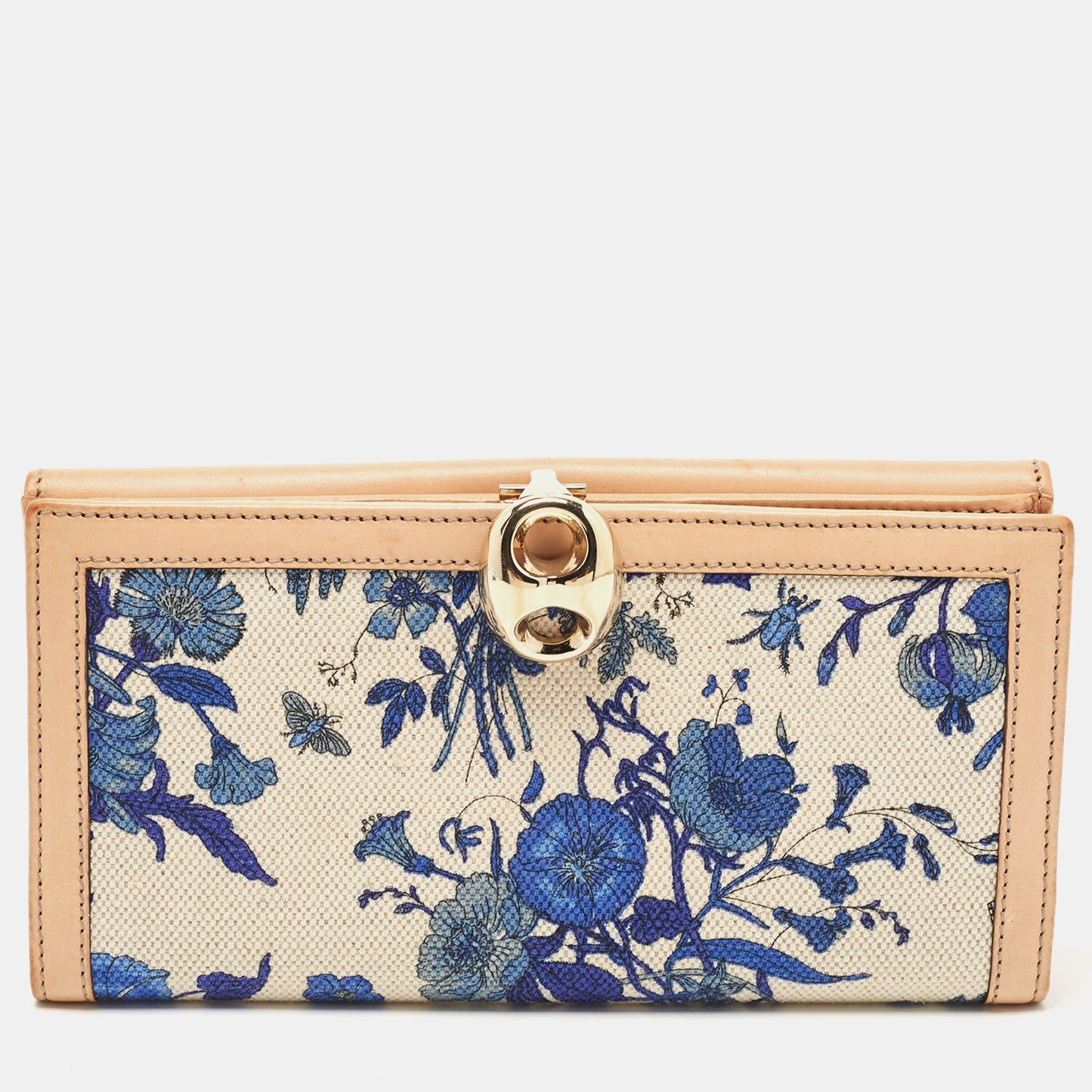 Luxury Gucci Trending 2025 Blue/Beige Floral Print Canvas and Leather Wave Continental Wallet