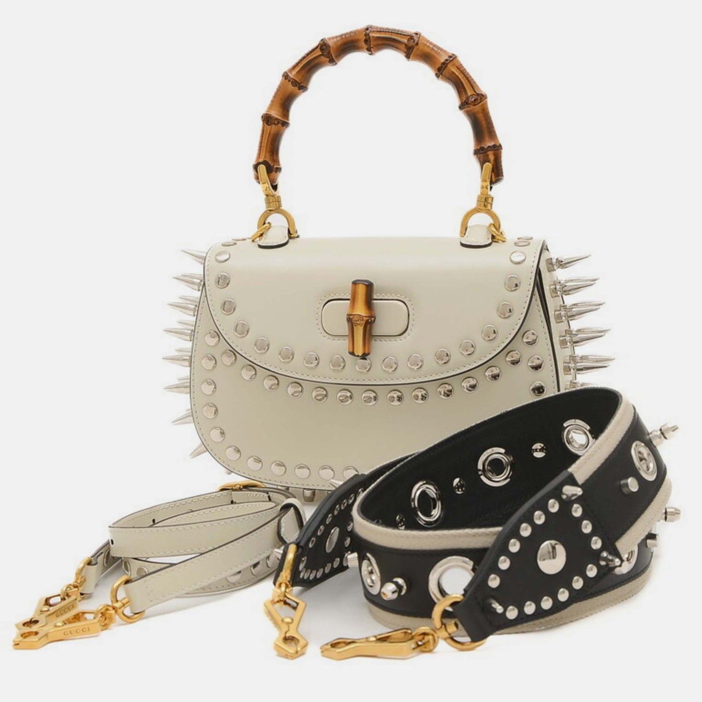 Luxury Gucci Trending 2025 Off-White Leather Small Studded Bamboo 1947 Top Handle Bag
