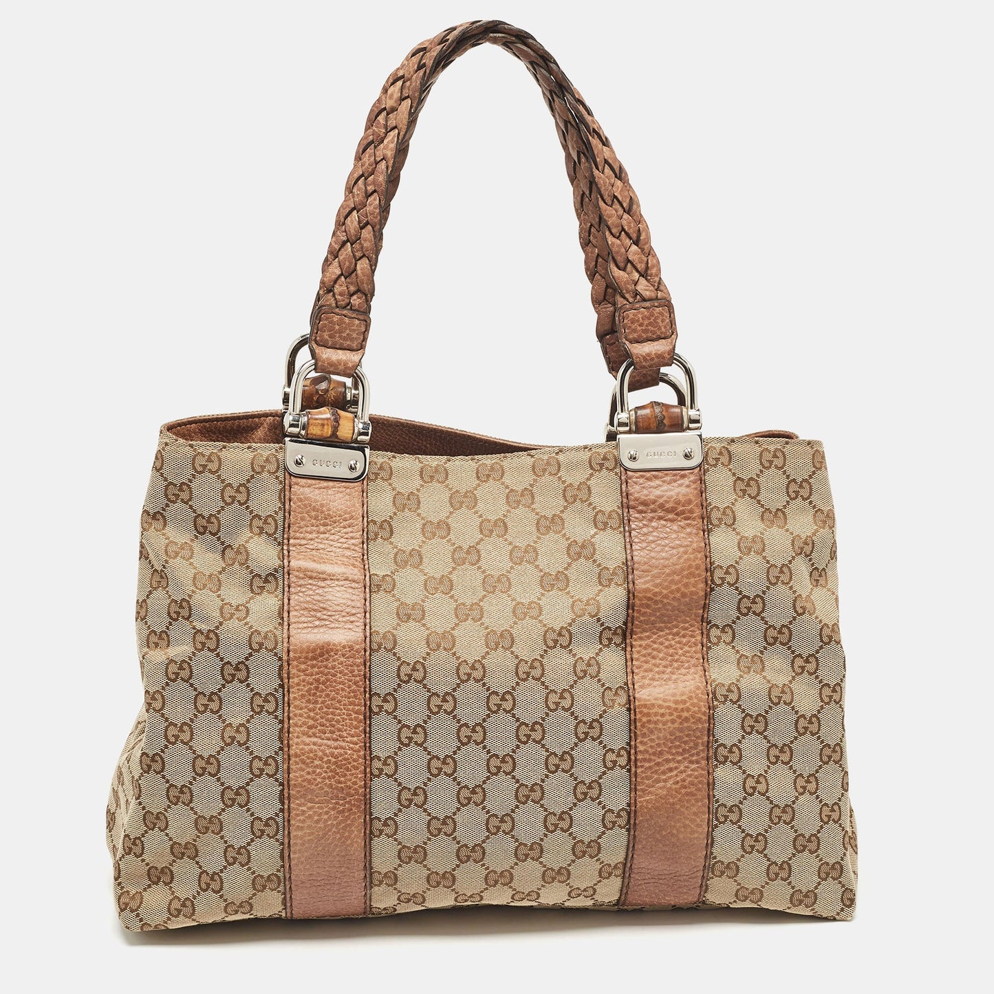 Luxury Gucci Trending 2025 Beige/Brown GG Canvas and Leather Medium Bamboo Bar Tote
