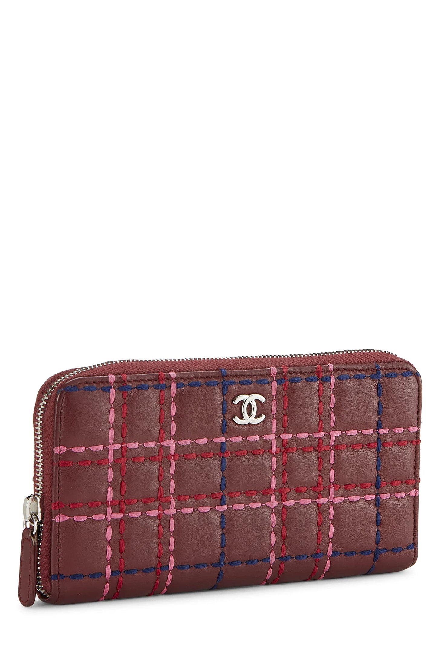 Chanel, Burgundy Lambskin Stitched Zip-Around Wallet, Burgundy