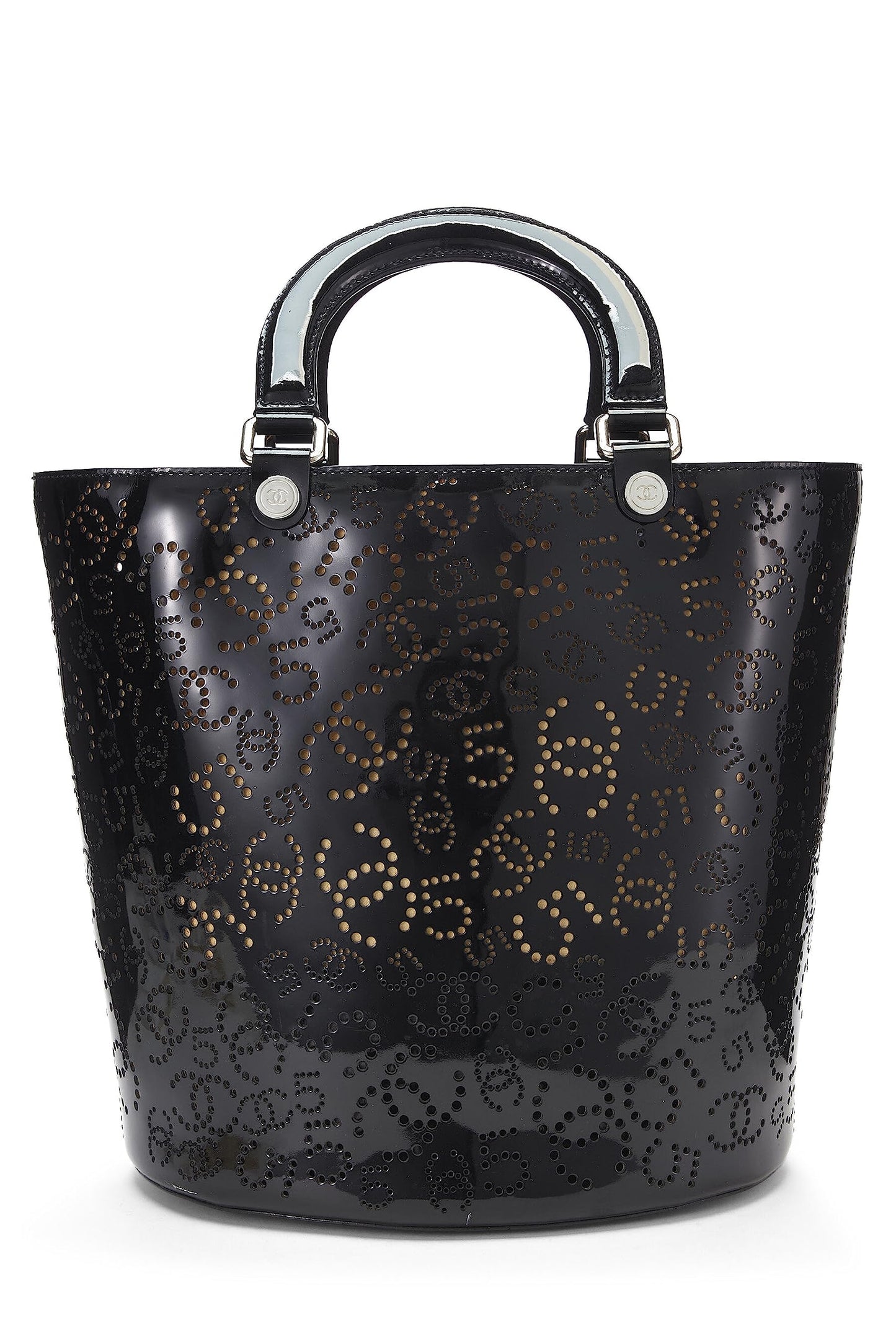 Chanel, Black Perforated Patent Leather Vertical Bucket Tote, Black
