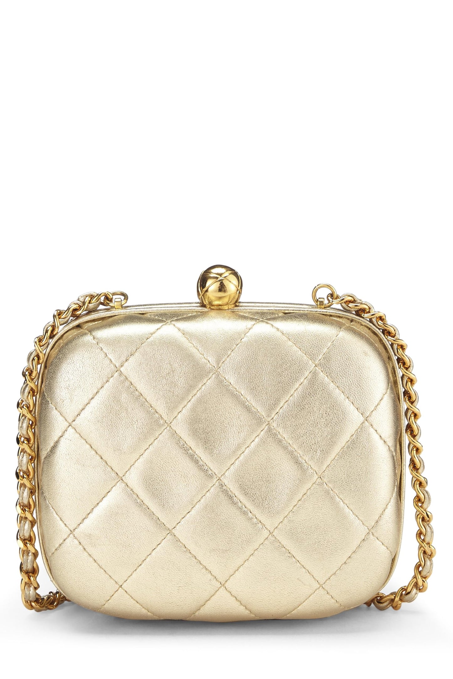 Chanel, Metallic Gold Quilted Lambskin Kiss Lock Crossbody Bag, Gold