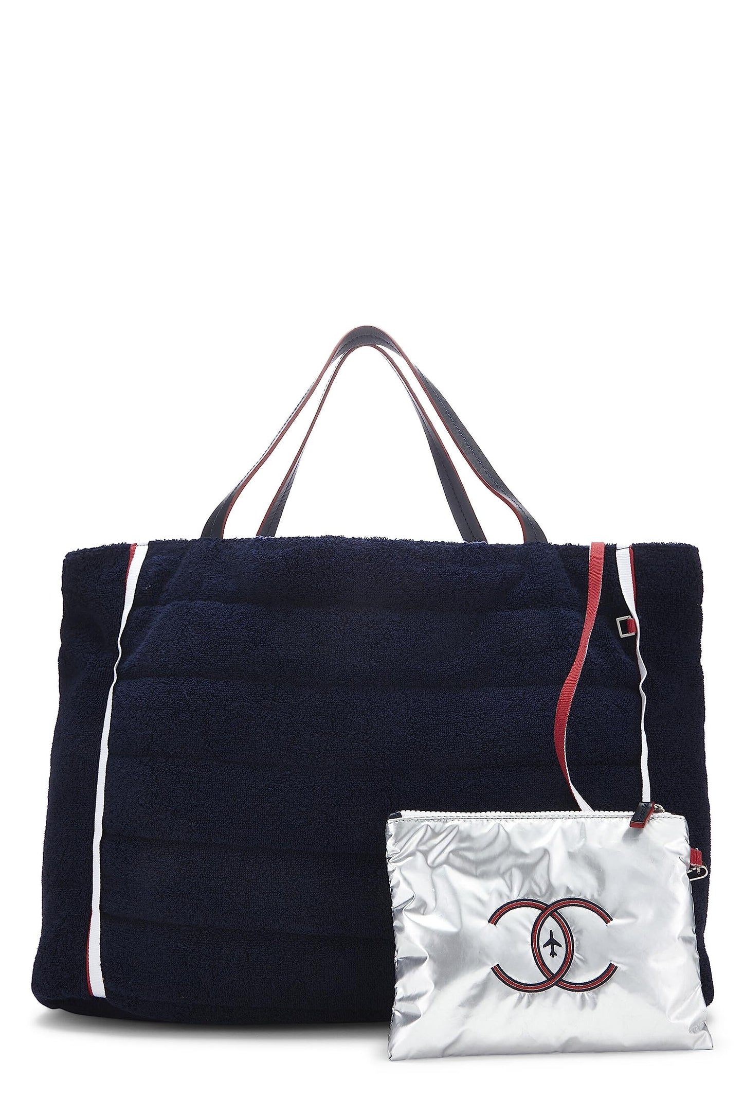 Chanel, Navy Terry Cloth & Silver Nylon Reversible Airlines Tote Large, Silver