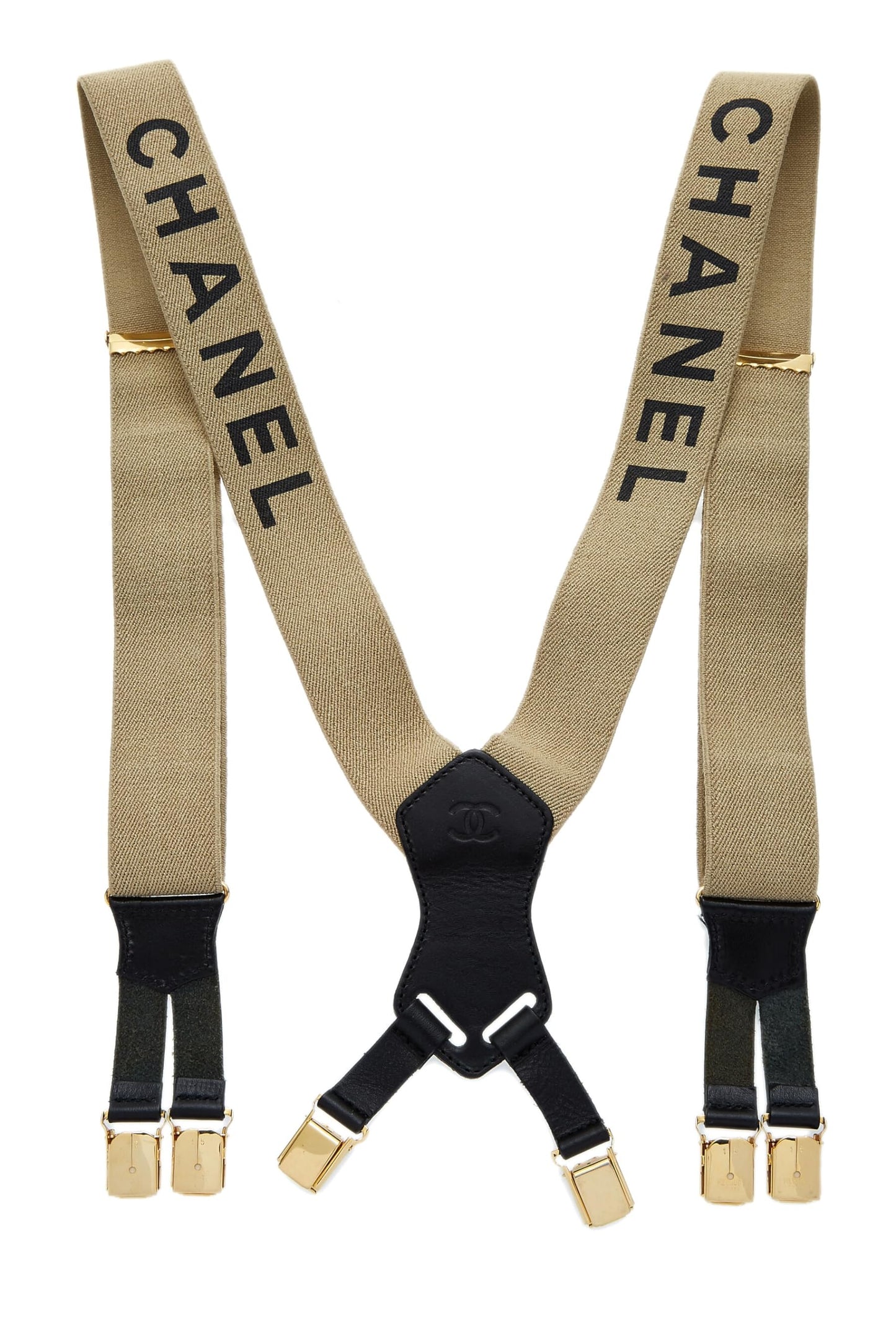 Chanel, Beige Elastic Logo Suspenders, Beige
