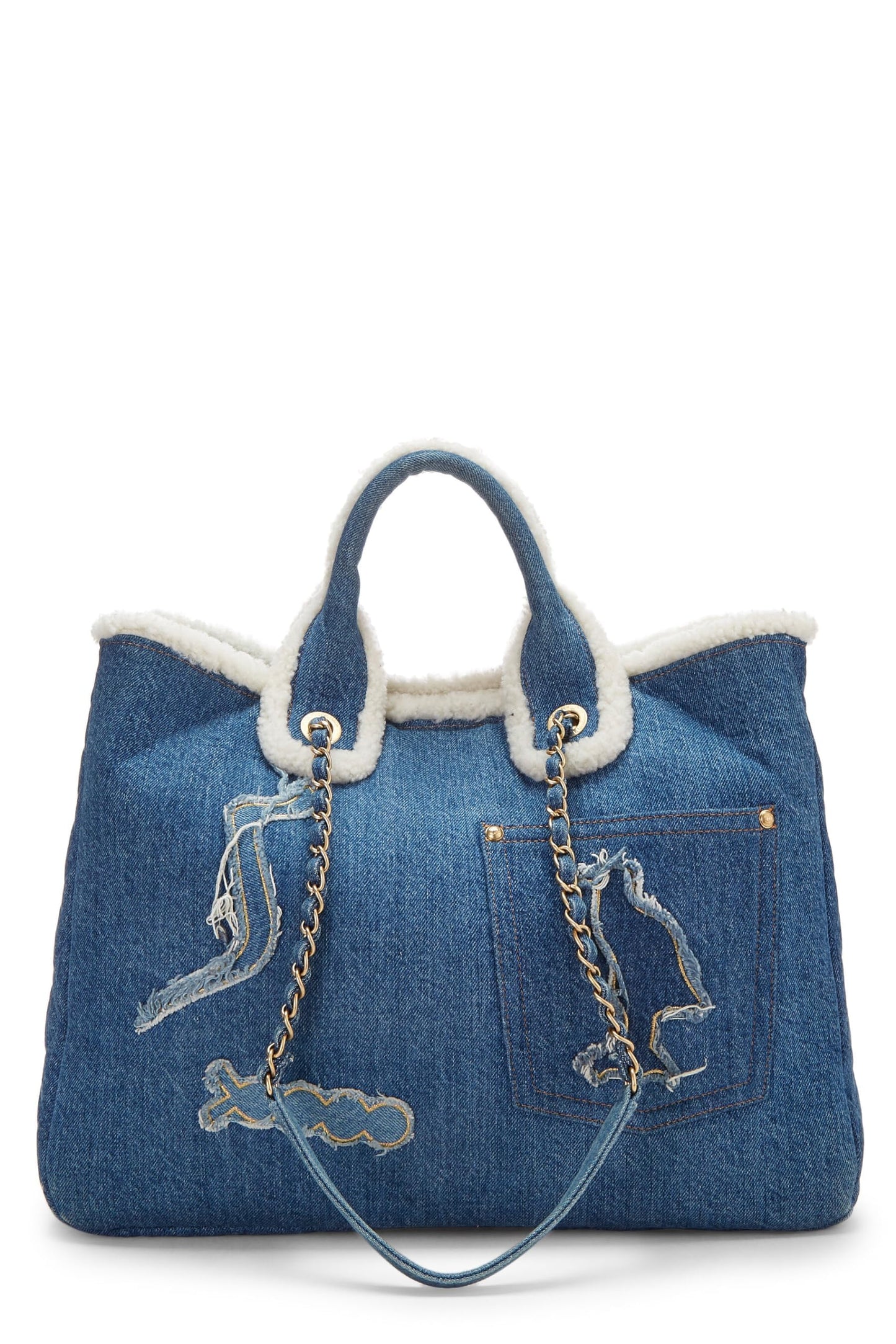 Chanel, Paris-Egypt Blue Denim & Shearling Hieroglyph Shopping Tote, Blue
