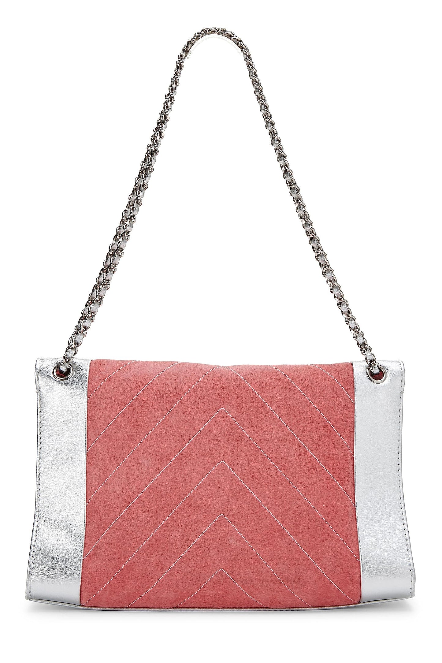 Chanel, Pink Suede & Silver Leather Chevron Flap Medium, Pink