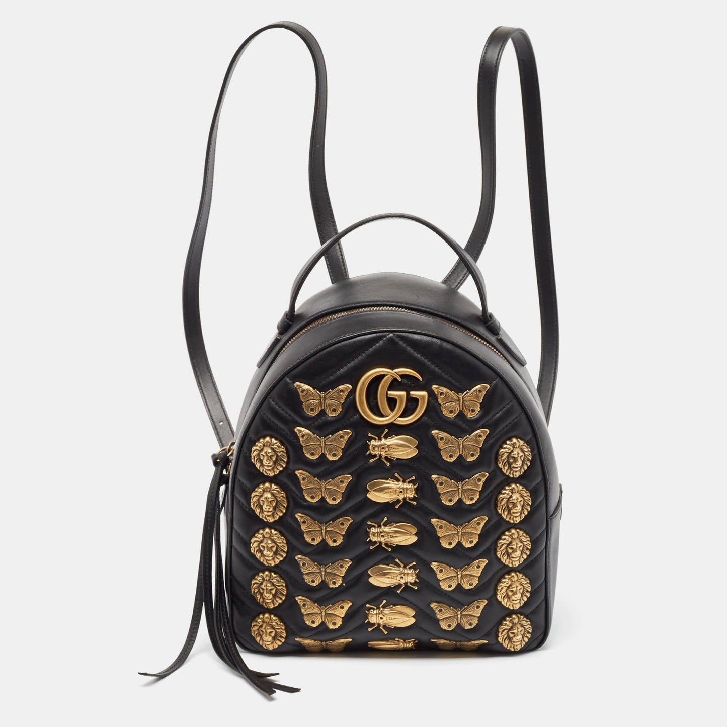 Luxury Gucci Trending 2025 Black Matelassé Leather Animal Stud GG Marmont Dome Backpack