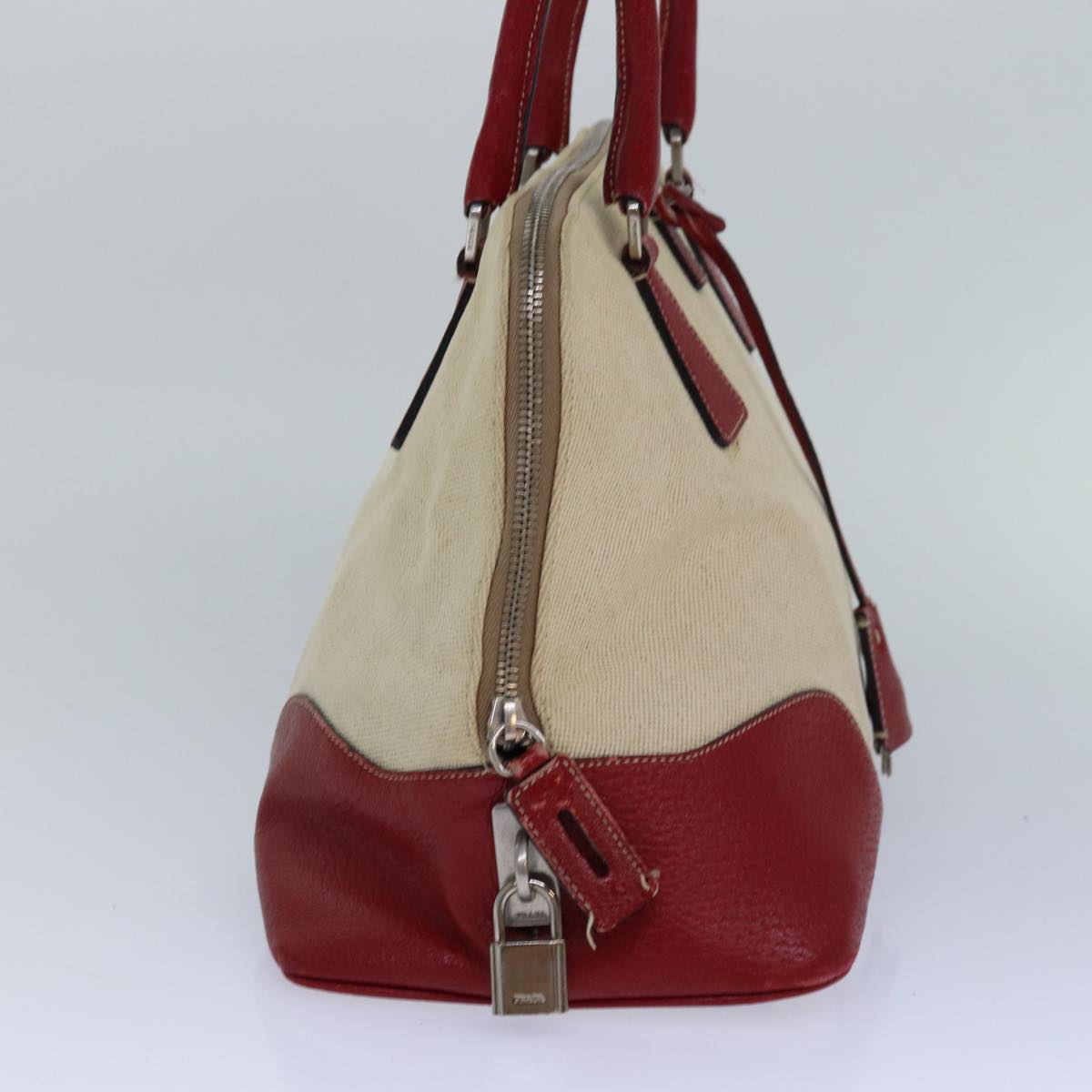 Luxury Prada Hand Bag Canvas Leather Red Beige Silver 85435