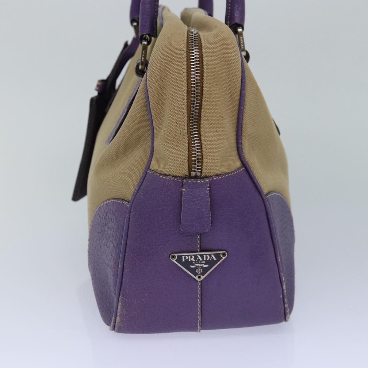 Luxury Prada Hand Bag Canvas Beige Silver purple 86337