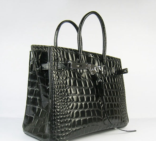 Luxury Hermes Birkin 35cm Crocodile Big Veins Handbags Black Silver