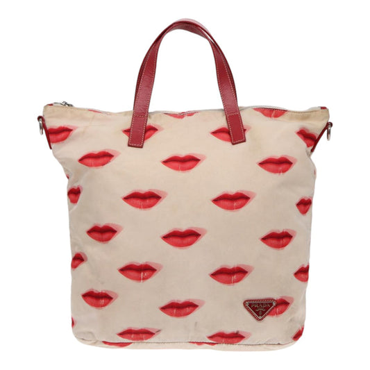Luxury Prada Tote Bag Nylon 2way Beige Red Silver 86561