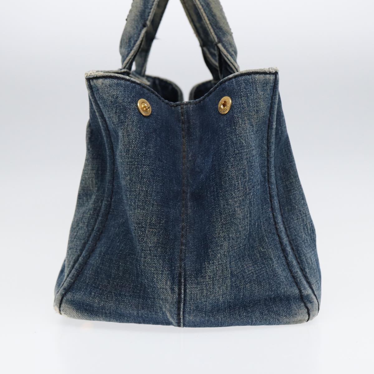 Luxury Prada Canapa MM Hand Bag Denim Blue Gold 86896
