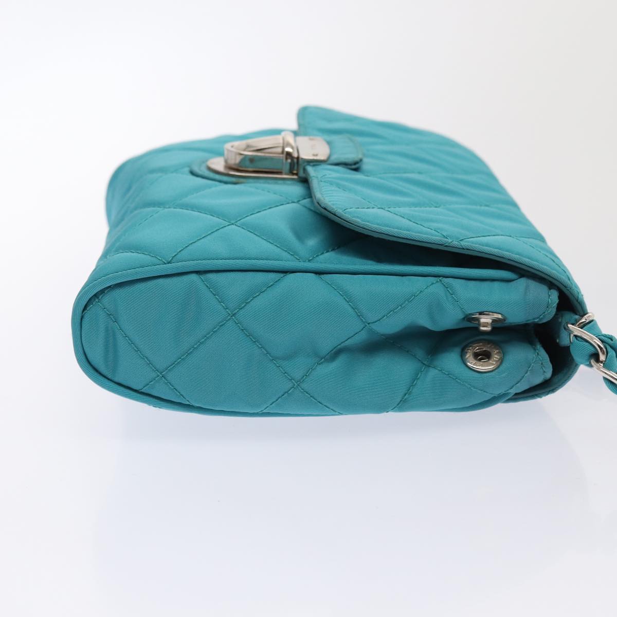 Luxury Prada Chain Shoulder Bag Nylon Turquoise Blue Silver 86958