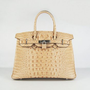 Luxury Hermes Birkin 35cm Crocodile Head Veins Handbags Earth Yellow Silver