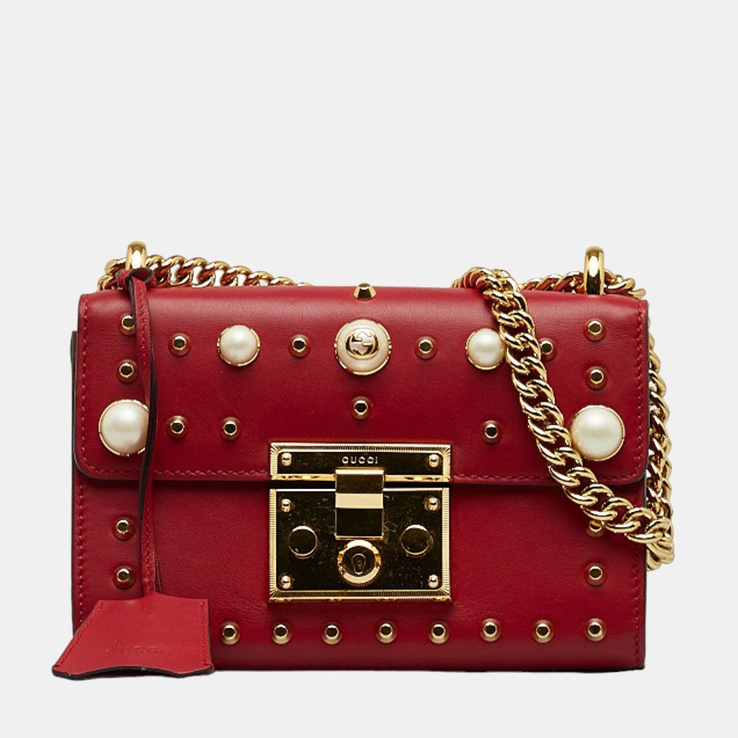 Luxury Gucci Trending 2025 Red Studded Leather Small Padlock Shoulder Bag