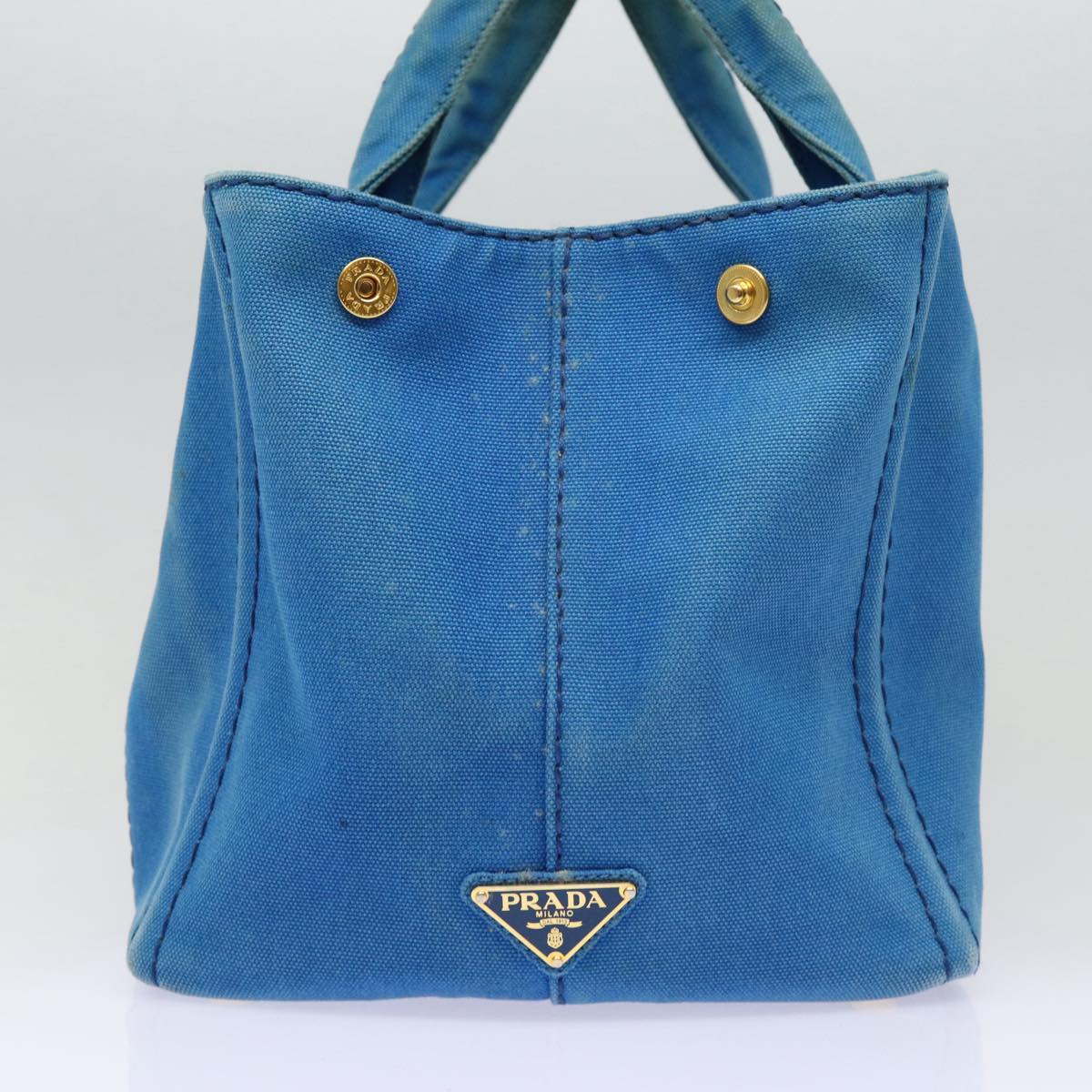 Luxury Prada Canapa MM Hand Bag Canvas 2way Blue Gold 88572