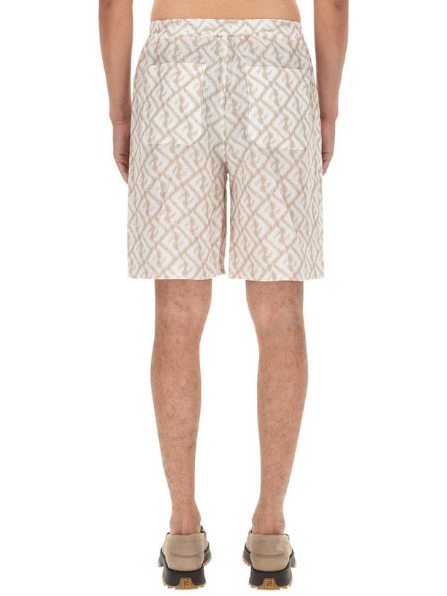 Luxury Fendi Logo Monogram Linen Bermuda Shorts Beige