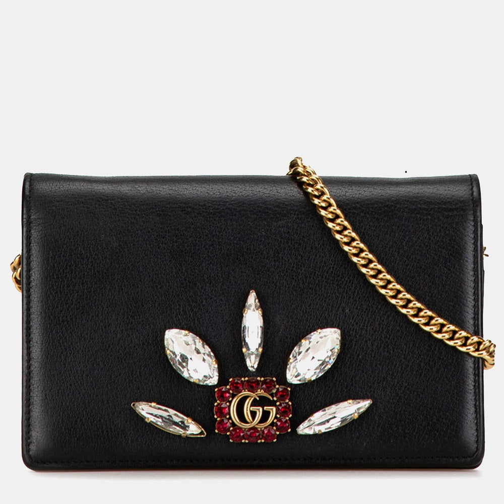Luxury Gucci Trending 2025 Black Leather GG Marmont Embellished Wallet On Chain