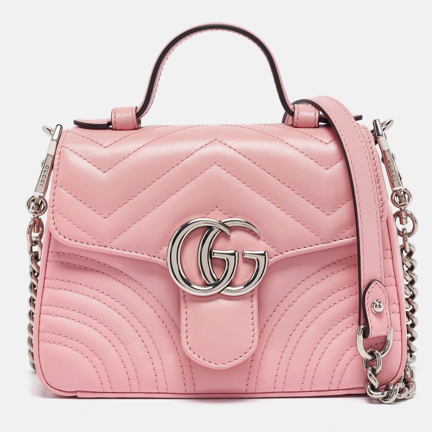 Luxury Gucci Trending 2025 Pink Matelassé Leather Mini GG Marmont Top Handle Bag
