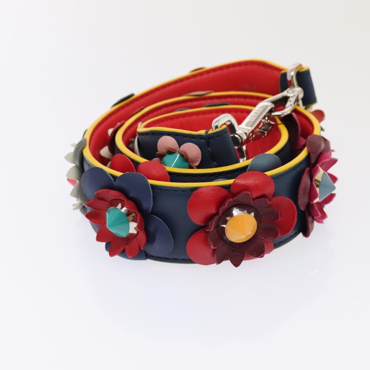Luxury Fendi Flower Shoulder Strap Leather 31.9"" Blue Silver90205