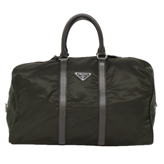 Luxury Prada Boston Bag Nylon Leather Khaki Dark Brown Silver 90569