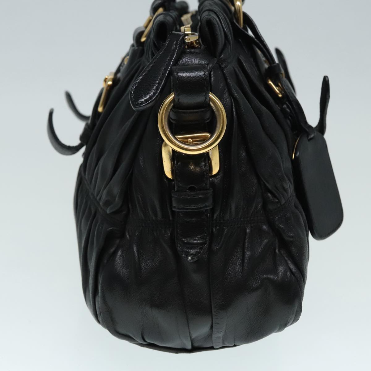 Luxury Prada Gathered Hand Bag Leather Black Gold 90639