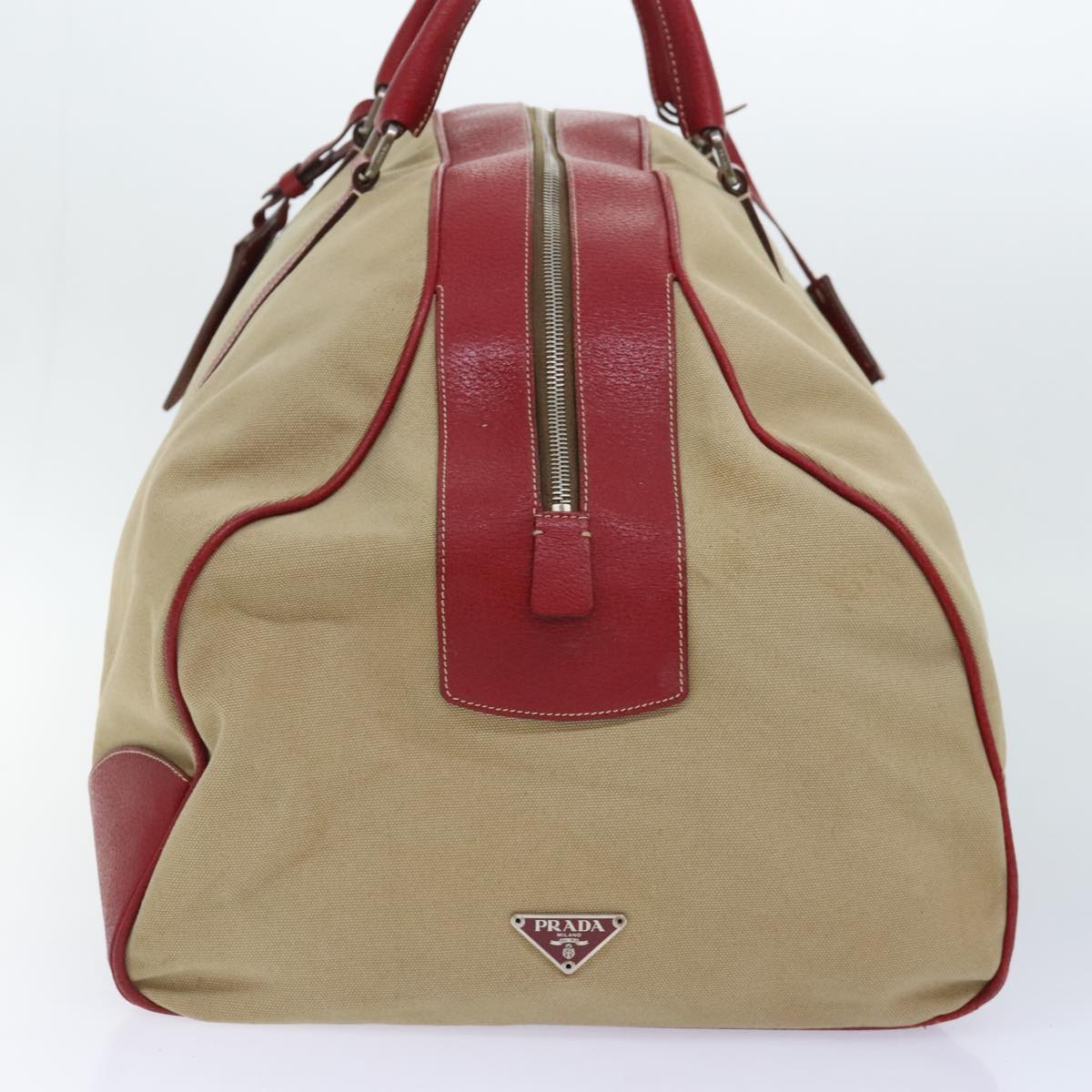 Luxury Prada Boston Bag Canvas Leather Beige Red Silver 91240