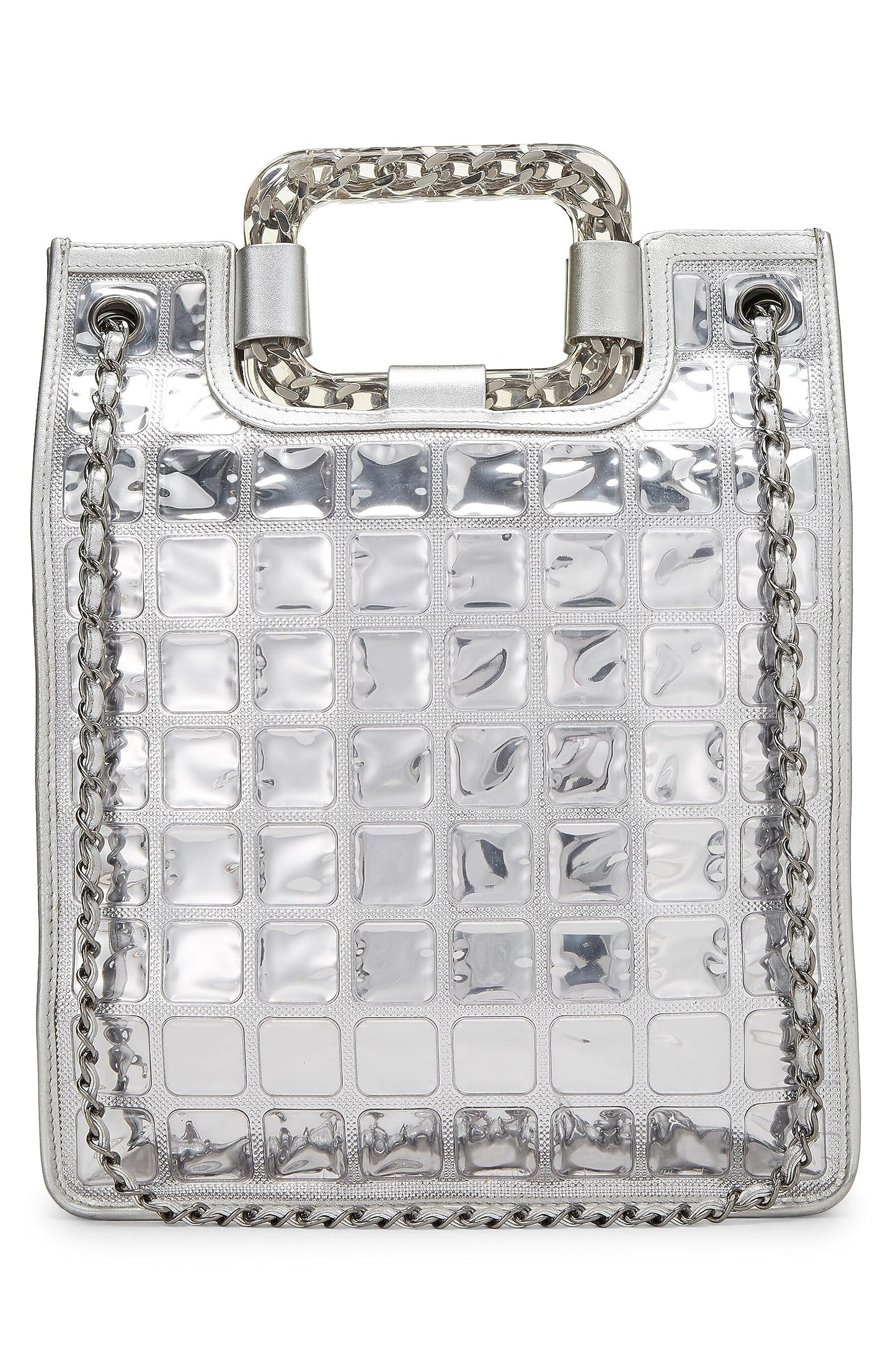 Chanel, Metallic Silver Quilted Leather Ice Cube Shopping Tote, Silver