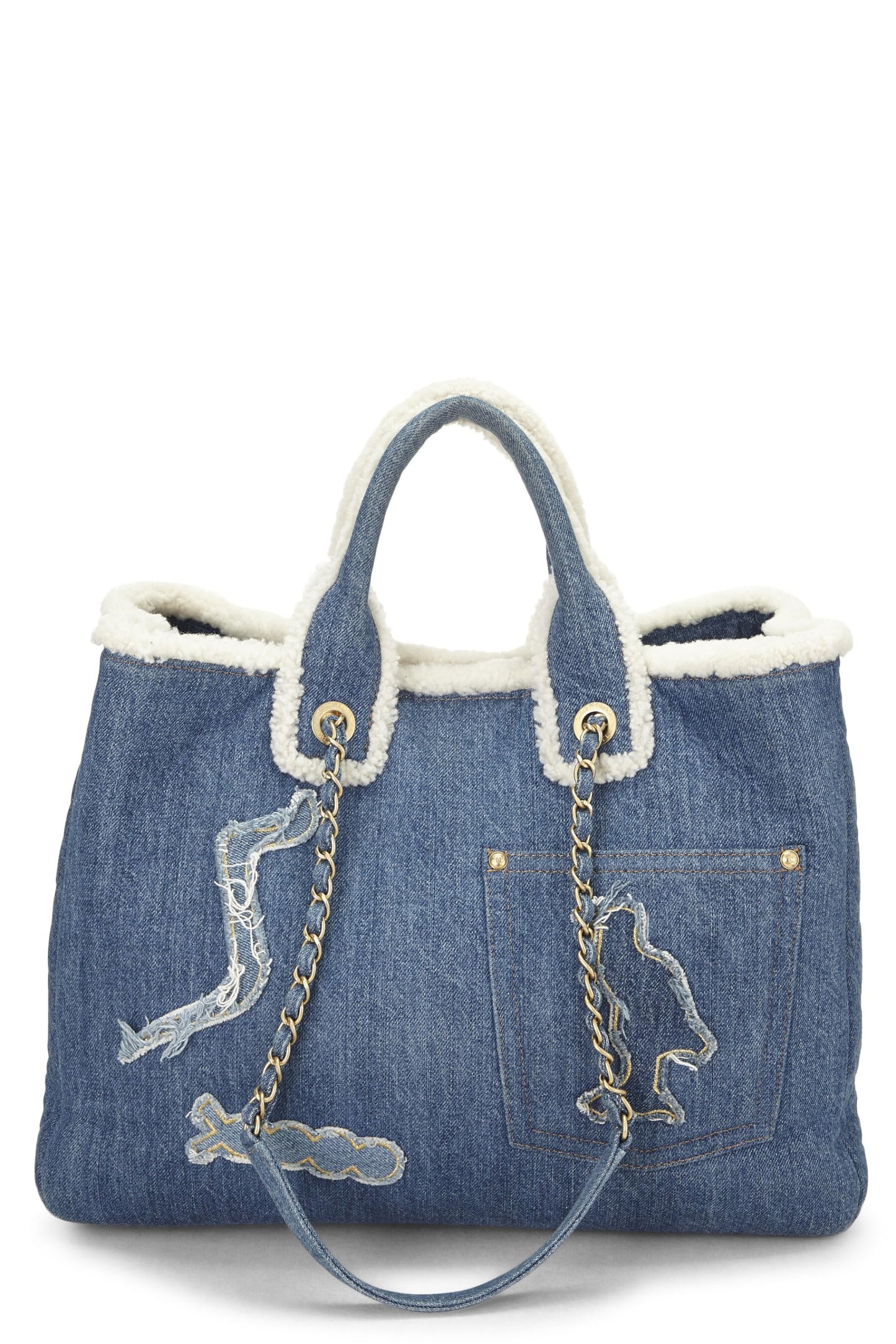 Chanel, Paris-Egypt Blue Denim & Shearling Hieroglyph Shopping Tote, Blue