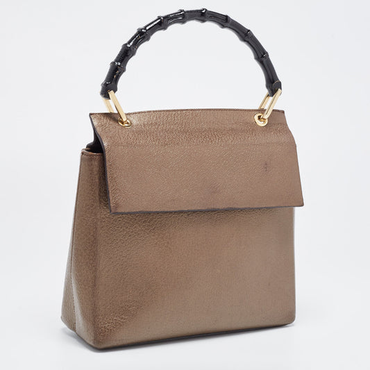 Luxury Gucci Trending 2025 Bronze Leather Bamboo Flap Top Handle Bag