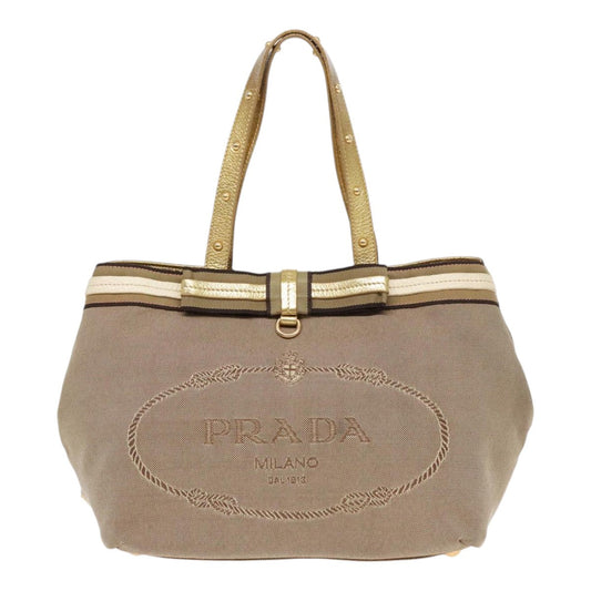 Luxury Prada Hand Bag Canvas Leather Beige Gold 92121