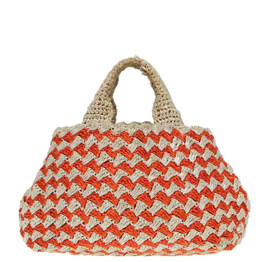 Luxury Prada Canapa MM Hand Bag Raffia Beige Orange Gold 92124