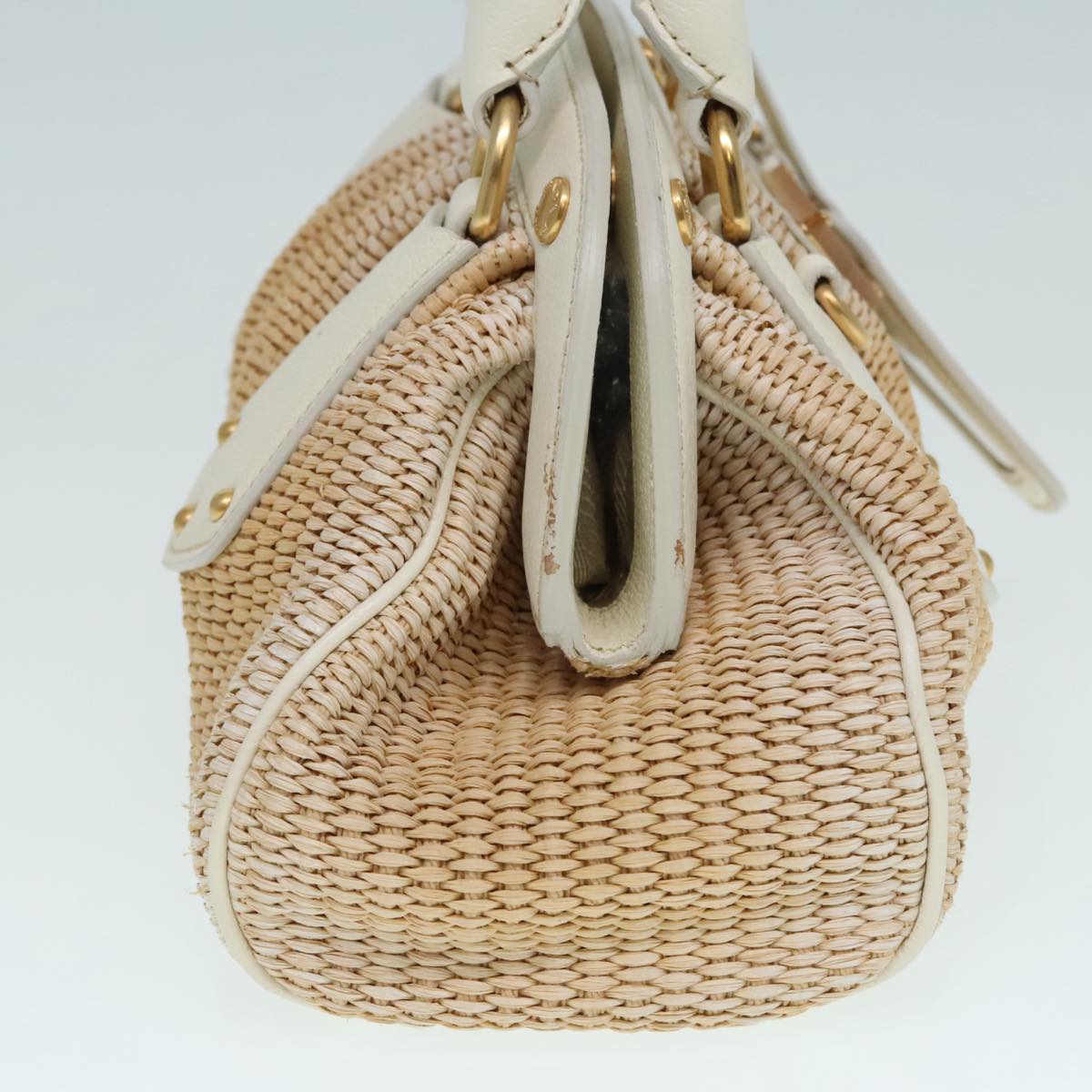 Luxury Prada Hand Bag Straw Beige White Gold 92126